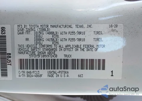 2021 Toyota Tundra Sr5 из США, поврежденный, VIN 5TFDY5F10MX972430